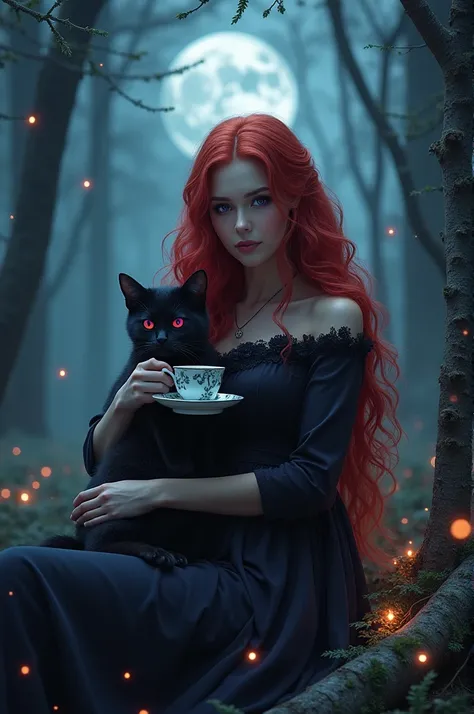 A beautiful witch, Very long red hair, Eyes like purple gems, She was holding a black cat, The black cat with red eyes, She was drinking tea in the woods, The forest at night, There are many glowing spirits