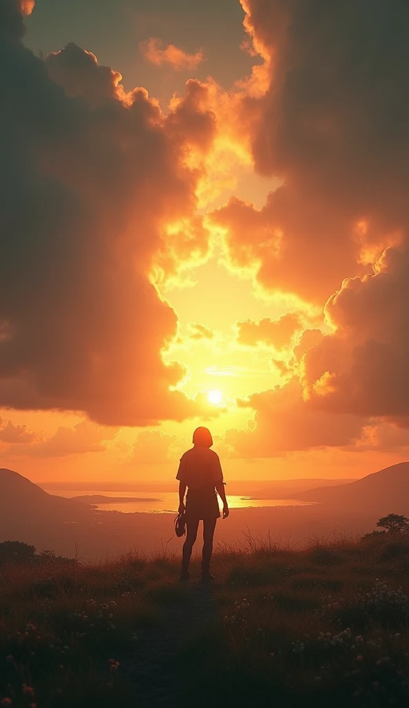 cinematic, The storm passes and the sun :  A landscape that changes from a stormy sky to a radiant sunrise,  comes out with a character standing in the center ,  looking at the horizon with hope .