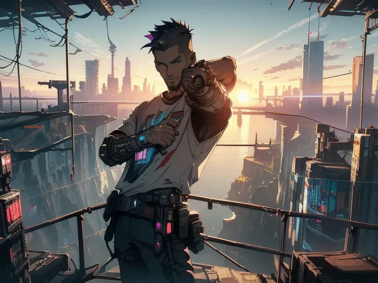 (((Not blurry,best quality, 4k, 8k, highres, Crisp images、masterpiece:1.2, ultra-detailed, realistic, photorealistic, dramatic, cinematic, intricate details,vivid colors))),(((cyber punk))),(((male:Minor, boy, T-shirt, mohawk,Only two legs))),(((He is pump...