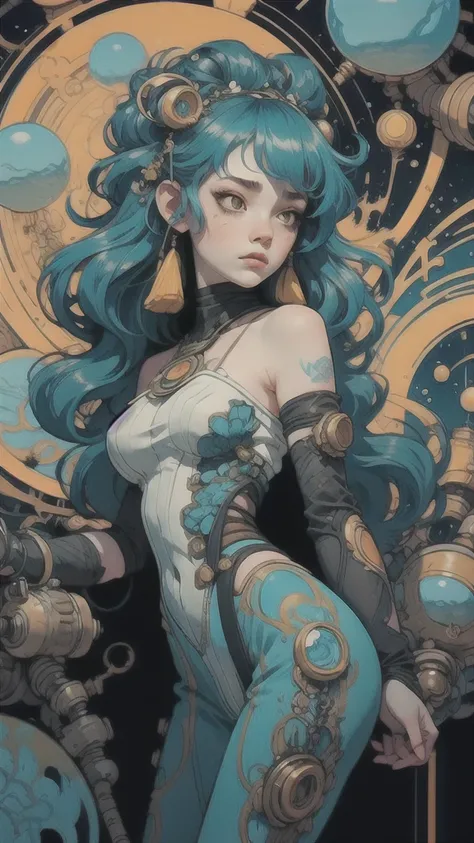 A highly detailed, surrealistic illustration of a young woman with vibrant turquoise hair and floral accessories. She has intricate tattoos and biomechanical elements embedded within her skin, blending nature and technology. Her attire combines organic sha...