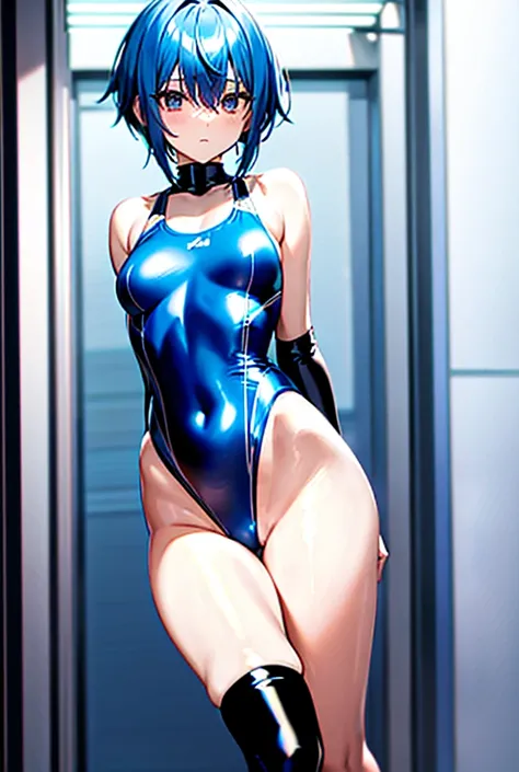 A blue-haired girl with a short hairstyle is wearing a metallic blue competitive swimsuit, knee-high socks , bangs between eyes, Bangs,  Blushing ,Very small breasts, slender figure,Rear view, Both legs are wide open,Shapely butt