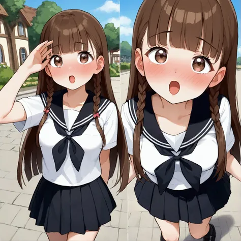 {Best Quality], [Very beautiful], [Ultra fine], [Best illustration],sauce_anime,stand,Brown Hair,hime cut,Long Hair,Braids,Excited face,Cutesy,High school girl, BLACK SAILOR SUIT ,skirt,Beautiful breasts, black high socks , black loafers , slender, make yo...