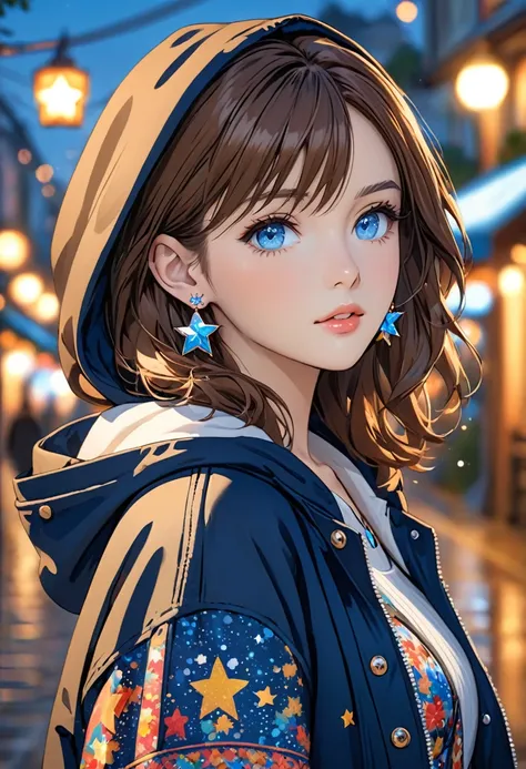 an anime of a girl in a hooded sweater with her earrings in, 1girl, hood, solo, blue eyes, earrings, jewelry, brown hair, star earrings, blurry, parted lips, upper body, looking at viewer, jacket, hooded jacket, outdoors, blurry background