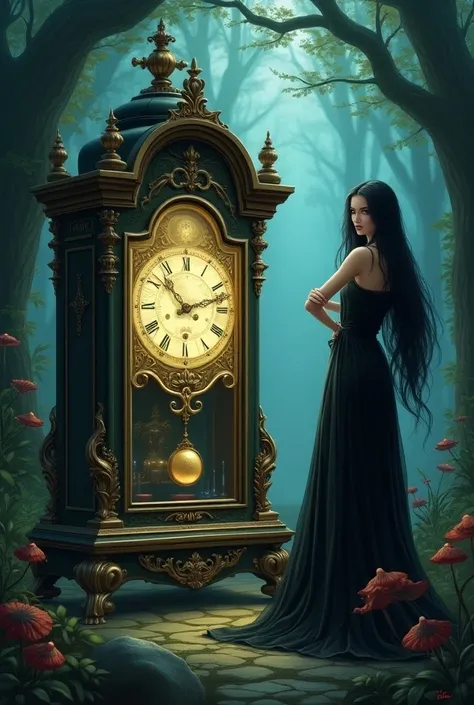 Illustration of an antique clock with a magical forest in the background and a slender black-haired woman dressed as a sorceress 