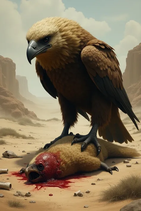 A dead bingal mongoose is lying on the ground and a prehistoric woolly Eagle is stan ding with one foot on top of the mongoose.mongoose face was injured