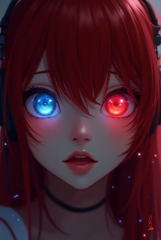 Close-up of an improved masterpiece:1.5)0.9], (UA Academy 1.2) (Messy long red hair:1.1) (Heterochromia: red eyes:1.2) (Headphones:1.0) (Colorful stars in the eyes:1.0) (A radiant glow:1.1) (Thick lips:0.9)