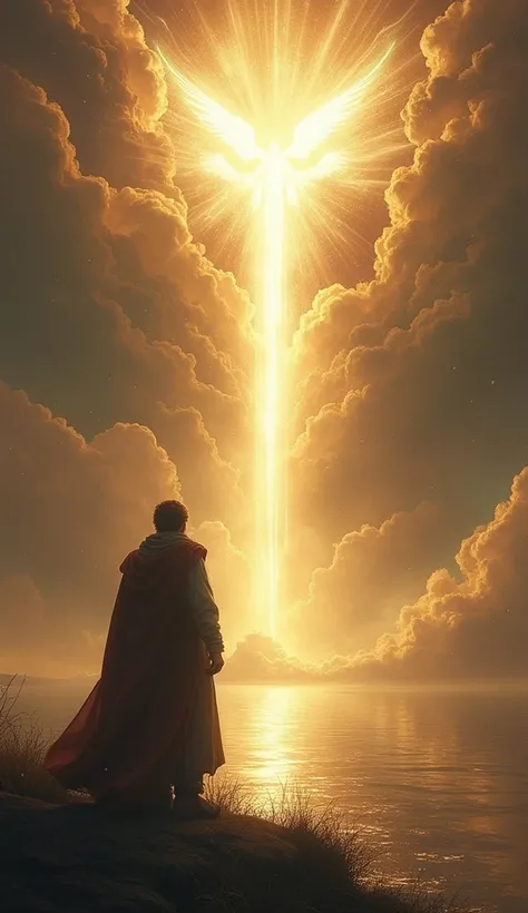  "A powerful scene with Ezekiel at the riverside, gazing at a sky that splits open with beams of radiant, divine light. Angelic figures and strange, mystical symbols appear, surrounded by an ethereal glow. The river reflects the light, creating an atmosphe...