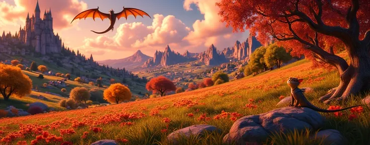  a landscape with different seasons ,  scarecrows are standing in arable fields, The land is destroyed with trees ,  a large flying fire-breathing dragon in the background,  a small magical lizard sitting on a stone