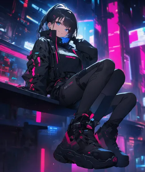  Women Sitting on a Shelf Wearing a Black Jacket and Pants,  cyberpunk streetwear , wearing  cyberpunk streetwear ,  Picture of a Woman Wearing Tech Wear , Space tech wear  ,  Full Body Black Cyberpunk Style Outfits ,  wearing Japanese tech wear, Tech Wear...