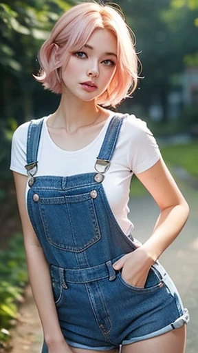 beautiful young woman no bra in overalls jean. short pink-blond hair ,light bokeh effect, cute elegant pose, attractive pose, gorgeous face and figure, light soft, medium long body shot ,elegant pose ,beautiful belly breast, large breasts