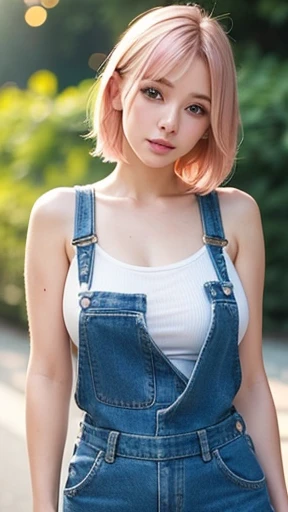 beautiful young woman no bra in overalls jean. short pink-blond hair ,light bokeh effect, cute elegant pose, attractive pose, gorgeous face and figure, light soft, medium long body shot ,elegant pose ,beautiful belly breast, large breasts