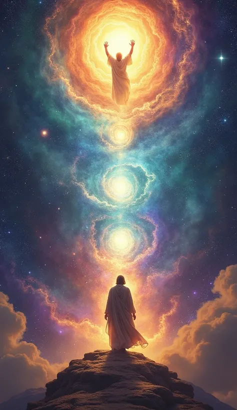 "Enoch, dressed in ancient robes, ascends through celestial layers or portals filled with brilliant colors and divine light. As he reaches the higher levels, he encounters a vast, mysterious figure surrounded by glowing, swirling stars and galaxies. The sc...