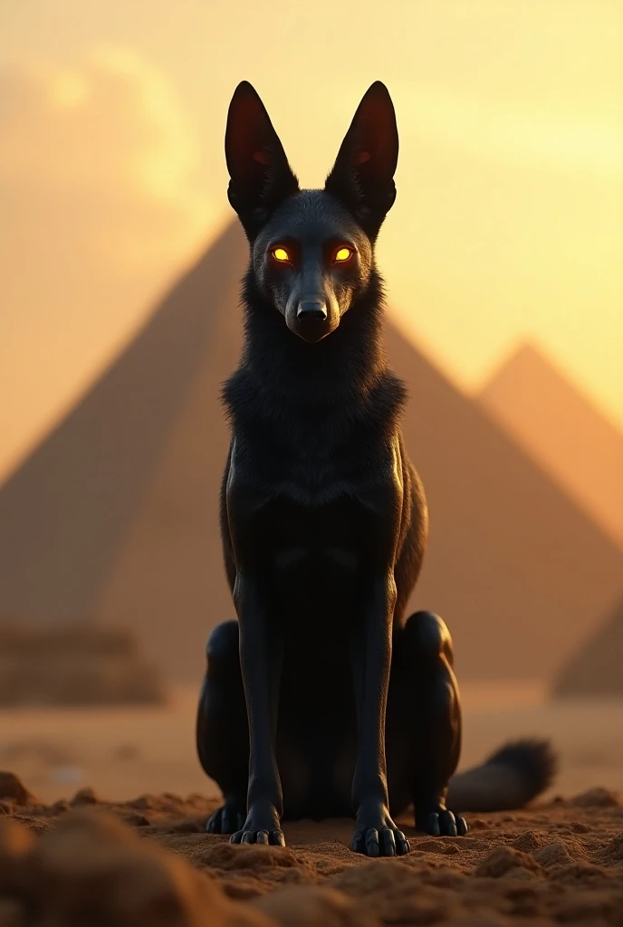 " An Egyptian jackal ,  full body in a scene of the pyramids of Gizha in the background . a black jackal ,  with pointed ears and glowing eyes in a shade of gold ,  transmitting mysticism and authority . sacred and ancient atmosphere that is super hyper me...