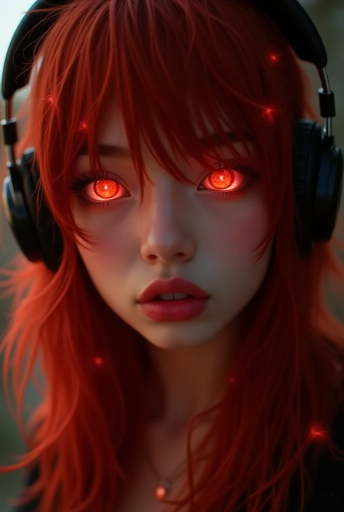 Close-up of an improved masterpiece:1.5)0.9], (UA Academy 1.2) (Messy long red hair:1.1) (Red eyes:1.2) (Headphones:1.0) (Stars in the eyes:1.0) (A radiant glow:1.1) (Thick lips:0.9)