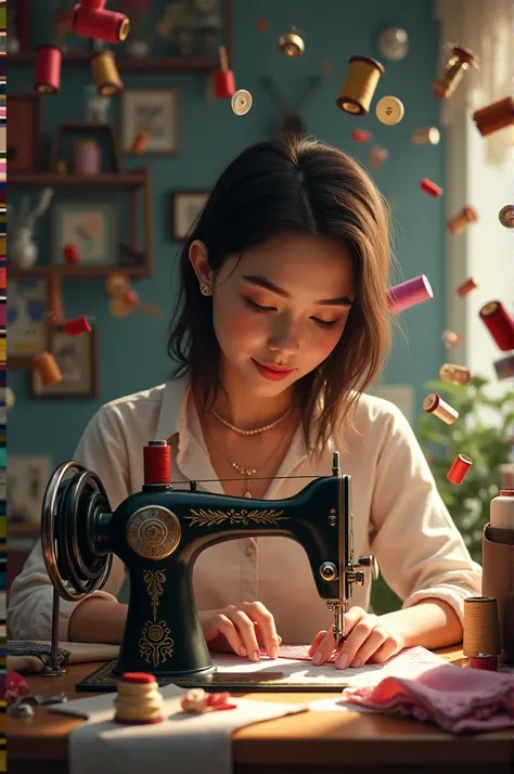 You can create an image of a woman sitting on her sewing machine and a lot of sewing instruments flying around threads, buttons, scissors, ribbons. 