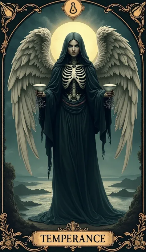 {
  "size": "1024x1024",
  "prompt": "A powerful and mystical representation of Temperance tarot card, reimagined with elements of death, transformation, and balance beyond life. At the center stands an ethereal, angelic figure embodying Temperance, draped...