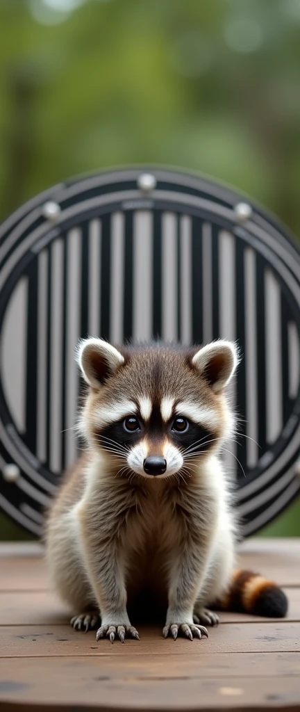 A photo of a fluffy baby raccoon with its eyes wide open. The raccoon is sitting on a wooden surface. There is a white circle with a large, black bar code pattern behind the raccoon. The bar code pattern contains alternating thick and thin black bars, with...