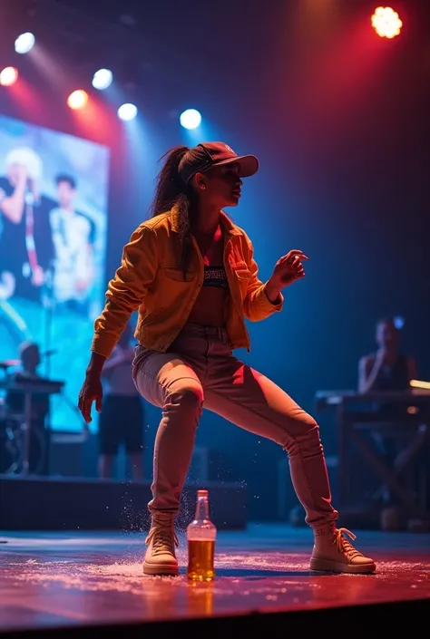 A rapper on stage who stumbles and falls to the ground with her beer in her hand 
The projectors light it up 