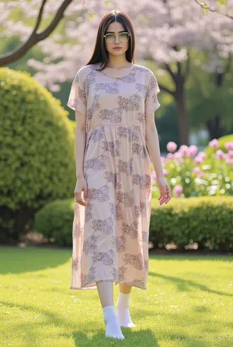 Heres a high-quality prompt for a masterpiece image: A majestic solo female figure stands tall (1.3) in the morning sunlight (1.2) amidst a serene flower park backdrop (1.2). The subject, dressed in an elegant flower patern dress and matching socks, dons s...