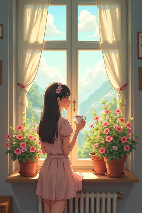 masterpiece, best quality,masterpiece, best quality, Official Art , extremely detailed CG unity 8k wallpaper, slightly retro color , riso print style,illustration, cute,1 Girl,Flowers,windowsill,flowerpot,Drink coffee,.