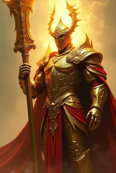 Create magic the gathering style: a metallic gold male armor with red ornaments holding a large shimmering gold metallic sword with red ornaments with a large showy gold helmet covering the entire face with red ornaments on a plain 