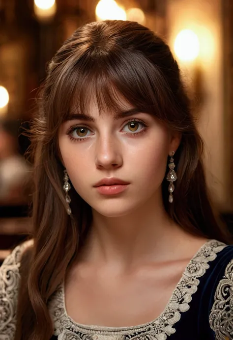 intricate portrait of a 18 year old italian woman, long brown bangs, captivating romantic gaze, italian restaurant interior background, (best quality,4k,8k,highres,masterpiece:1.2),ultra-detailed,(realistic,photorealistic,photo-realistic:1.37),highly detai...