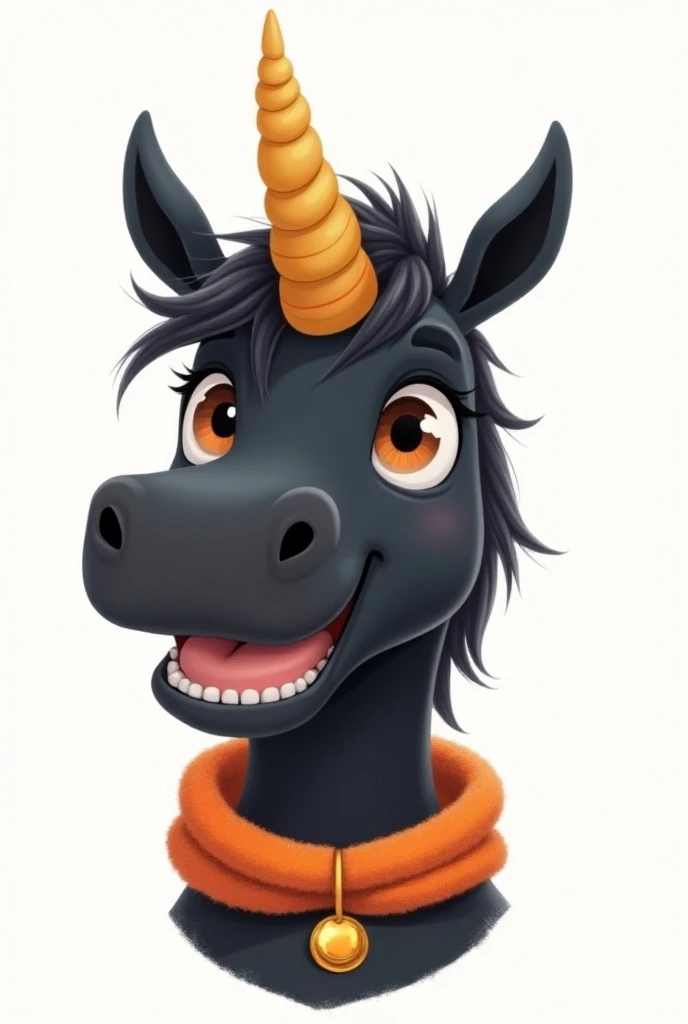 Un dessin façon cartoon dune tête de licorne noir qui fait un clin dœil et à magnifique sourire, elle porte autour du cou un collier en tissu orange et un pendentif en forme de Meeple sur un fond blanc