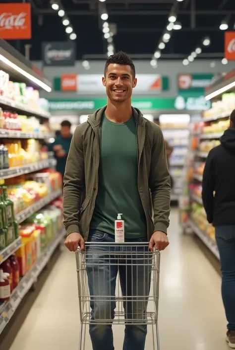  shampoo in his cart Create a picture of Cristiano Ronaldo smiling shopping at the Supermarket. He has Clear 