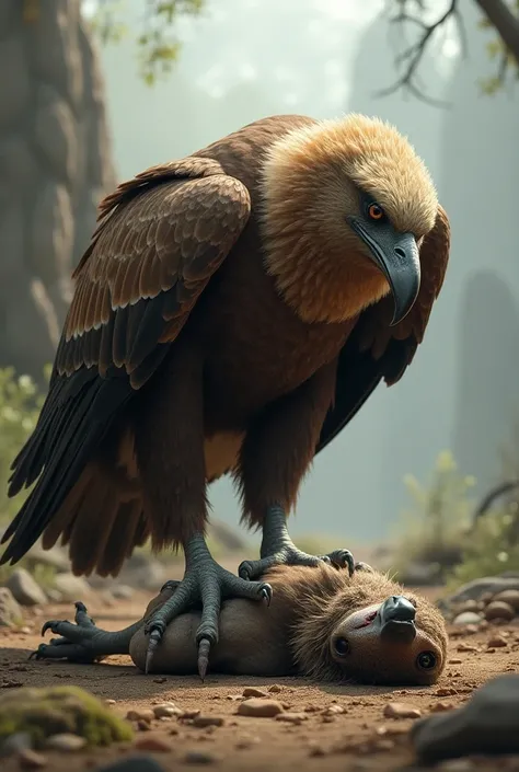 A dead bingal  is lying on the ground and a prehistoric woolly eagle is stan ding with one foot on top of the  hen . hen face was injured