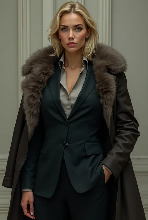  A muscular Russian woman ,  with medium blond hair with light brown almost gray eyes, with 1. 75 tall wearing a suit and fur coat ,  half-masculine face shape ,  hair color eyebrows , straight Italian nose , I dont want her to be thin 