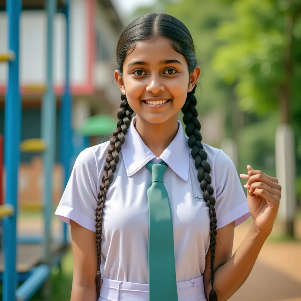 a beautiful cute young teen girl sri lanka , wearing white frock uniform, paying in the school playground  color tie , full body...