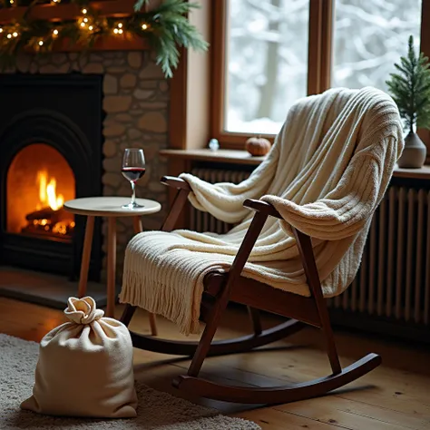  generate an image of a rocking chair ,  with a garment that is being woven from a beige cardigan,  with the 2 sharp edges of the fabric ,  with a bag containing the ball of wool ,  next to a fireplace ,  with a small table with a glass of red wine ,  a wi...