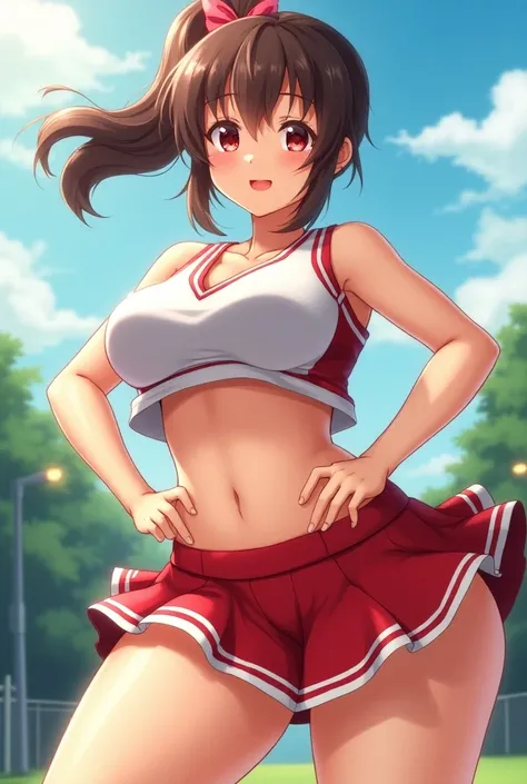 megumin, 1girl, natural lighting, masterpiece, highly detailed, illustration, game CG, absurdres, high quality, (red eyes:1.2), beautiful detailed eyes, brown hair, short hair, ponytail, bangs, glossy lips, collarbone, cheerleader, midriff, school field, f...