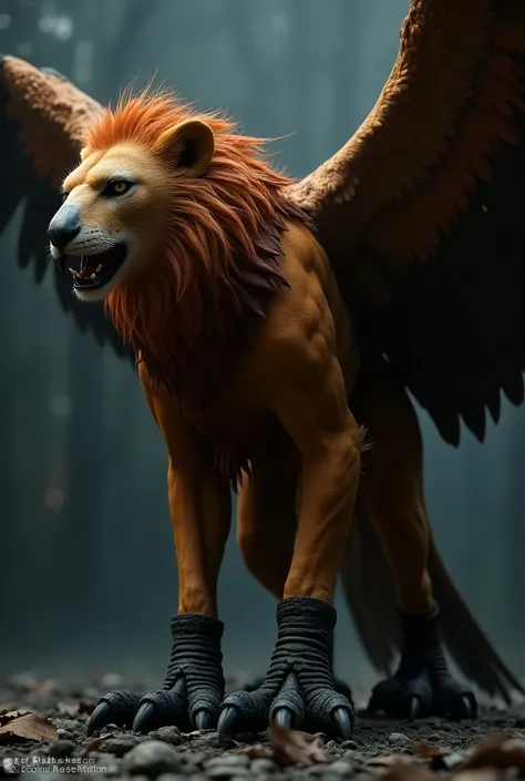 Create an image of an orange lion with an eagles head, wings on its back and with large black crows legs