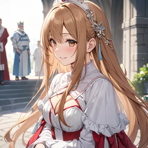  The woman who is the queen of the kingdom in both body and mind is Yuki Asuna with beautiful bright brown hair, wears a luxurious and attractive dress from the kingdom, pledges absolute loyalty and love to the great kings old man, and supports and loves e...