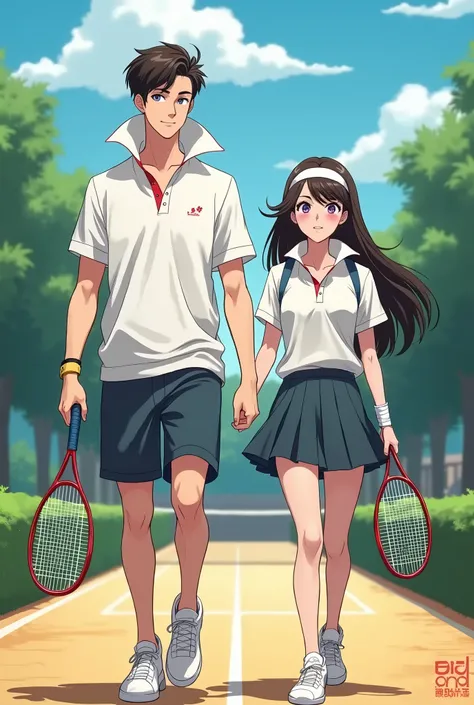 Anime Preppy Prince wearing a Massive Popped Collar Polo thats taller than his head while walking with with his Preppy Popped Collar girlfriend while playing Tennis