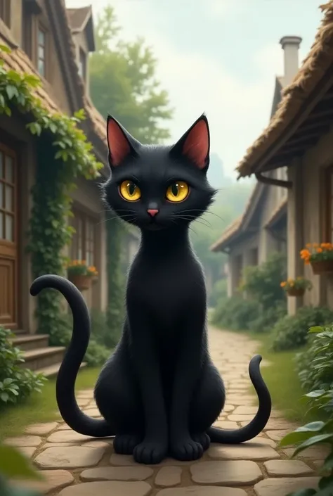 Cat black  standing  in village  .  realistic  style  . 