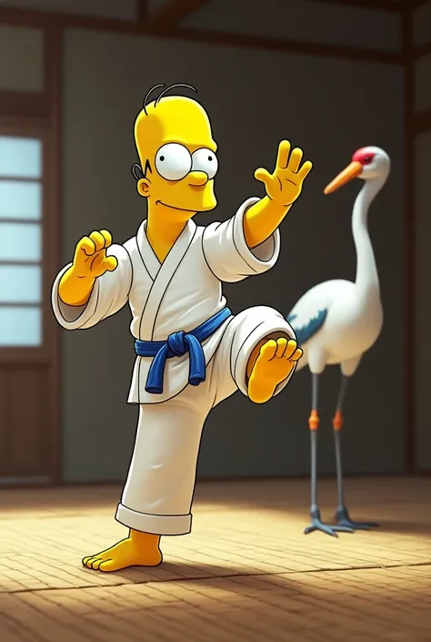  Burt Simpson dressed as Karate doing the crane gesture on a tatami, Face a crane watching 
