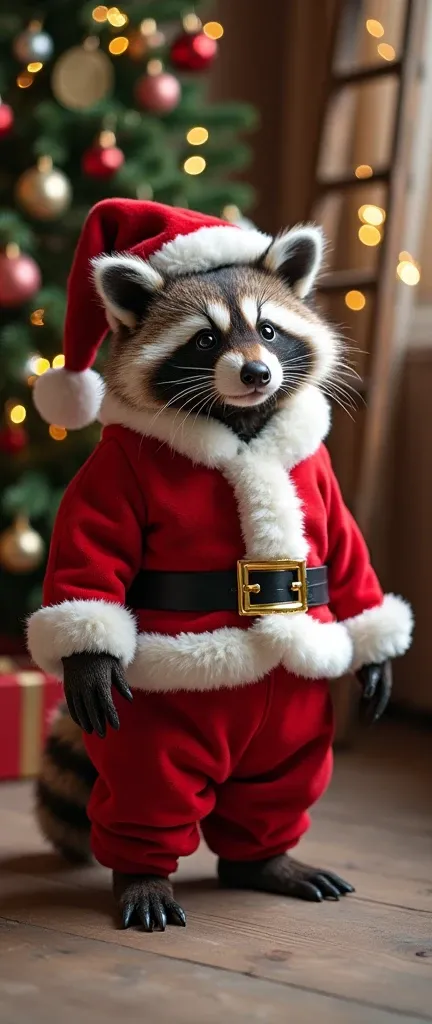 A photo of a cute, extra fluffy baby raccoon dressed as Santa Claus. The raccoon is wearing a jumbo face mens costume with a Santa hat. The background is a Christmas room decorated with a tree, ornaments, and lights. There is a wooden ladder nearby. The ro...