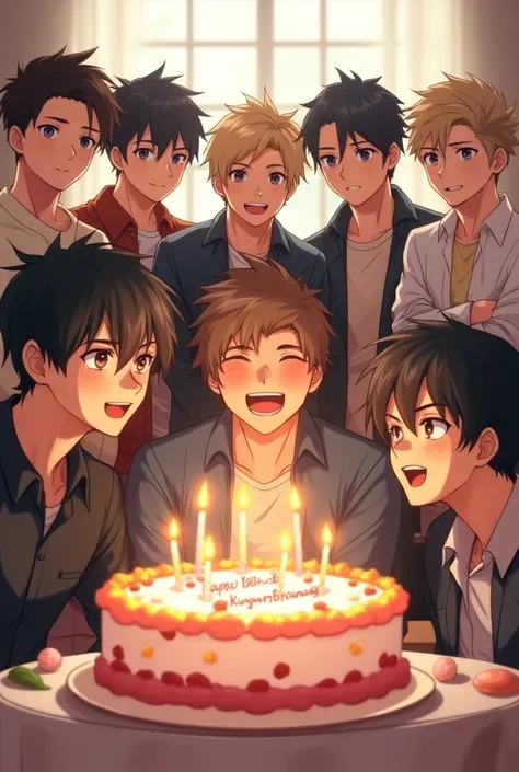 Seven boys wishing for their friends birthday (anime image) (seven boys) (write Happy 19th birthday Kyaw Hsu Thway on the cake)(all boys handsome)