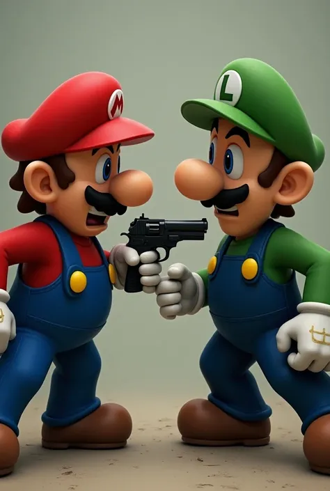 Mario pointing a gun at luigi