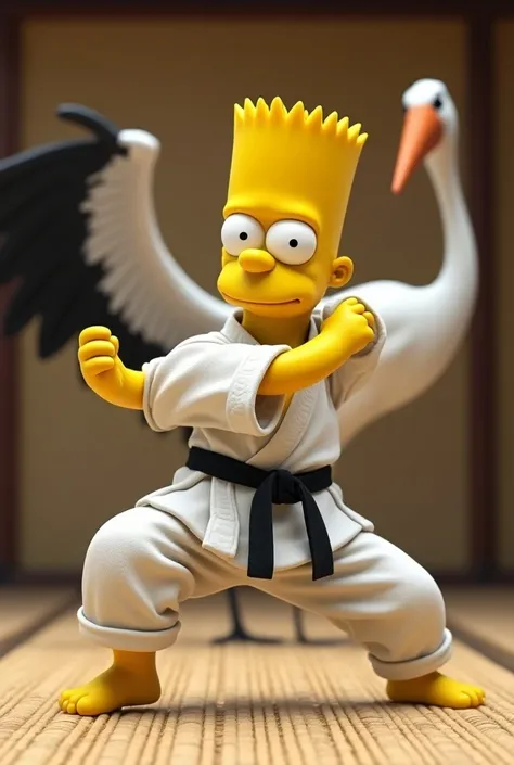 Bart Simpson dressed as Karate doing the crane gesture on a tatami, Face a crane watching 
