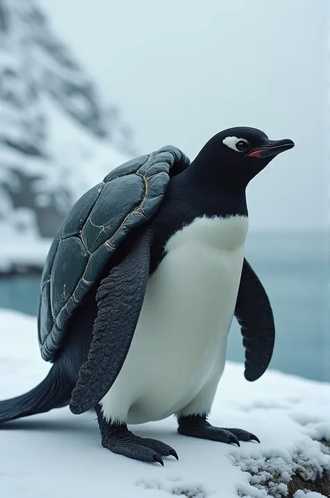 Create a hybrid animal that combines a penguin and a turtle. This creature has the sleek, black-and-white feathered body of a penguin, with a short, sturdy shell on its back like a turtle’s. Its flippers are adapted for swimming, blending both penguin and ...