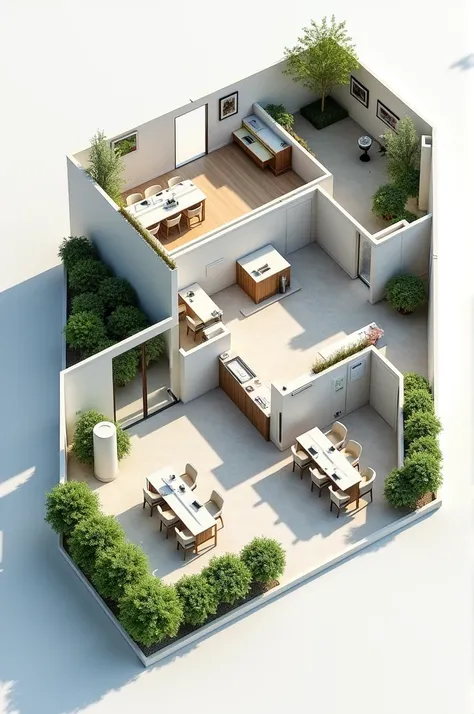  Create in 3d the plan of an office that contains 2 rooms,a reception , a meeting room ,a bathroom ,a kitchen and garden 