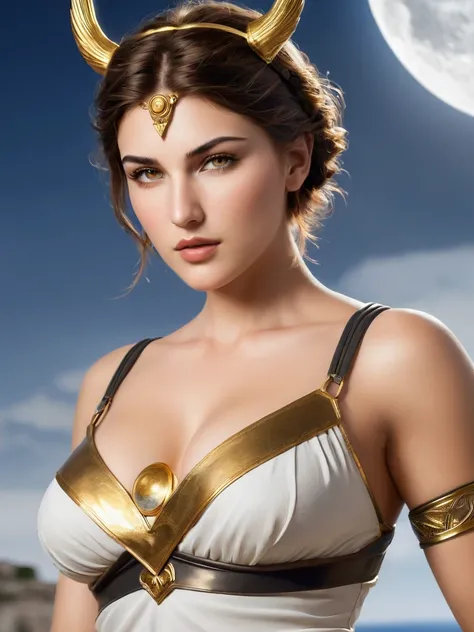 Artemis, Goddess of moon and hunting, Greek warrior, Short haircut, beautiful face, beautiful golden eyes, sexy, beautiful body, has a big Breasts,