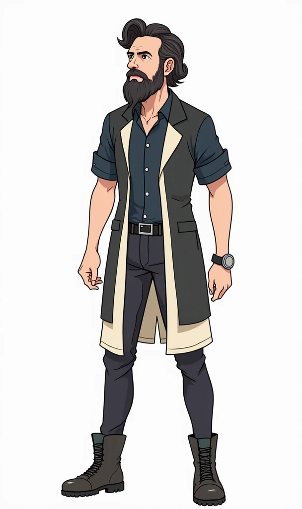  Make this character with a beard,  dark navy blue shirt ,  black pants , black boot, medium beard and beige lab coat  