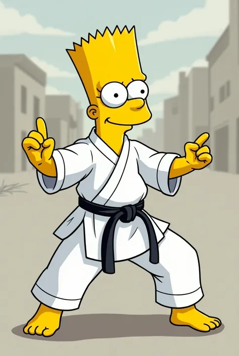  Bart Simpson dressed as Karate , Making the gesture of the crane .
