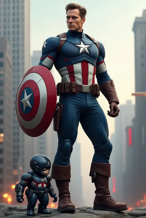 Captain America And A  Mini Robot Companion Of Captain America Stand Together 