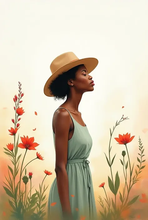 Watercolor background with black woman with hat and head raised feeling the wind in floral environment 