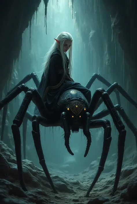 Beautiful dark elf girl. Riding a Spider . a cave. 